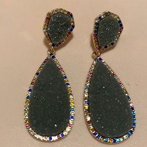 BaubleBar Grey Druzy with Multicolor Crystal Statement Drop Earrings - Like new!